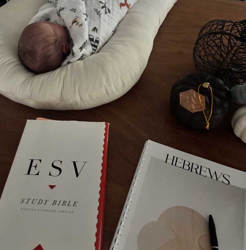 Top down view of a devotional and bible and a baby sleeping in a bassinet swaddled in blankets.