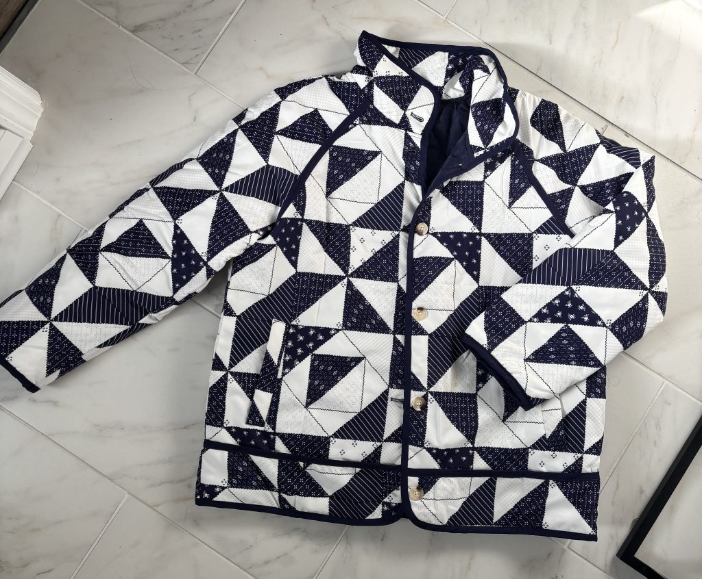 Top own view of a quilted navy blue jacket with buttons.