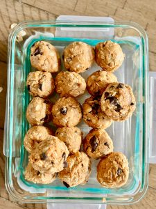 Top down view of protein balls in an airtight glass container.