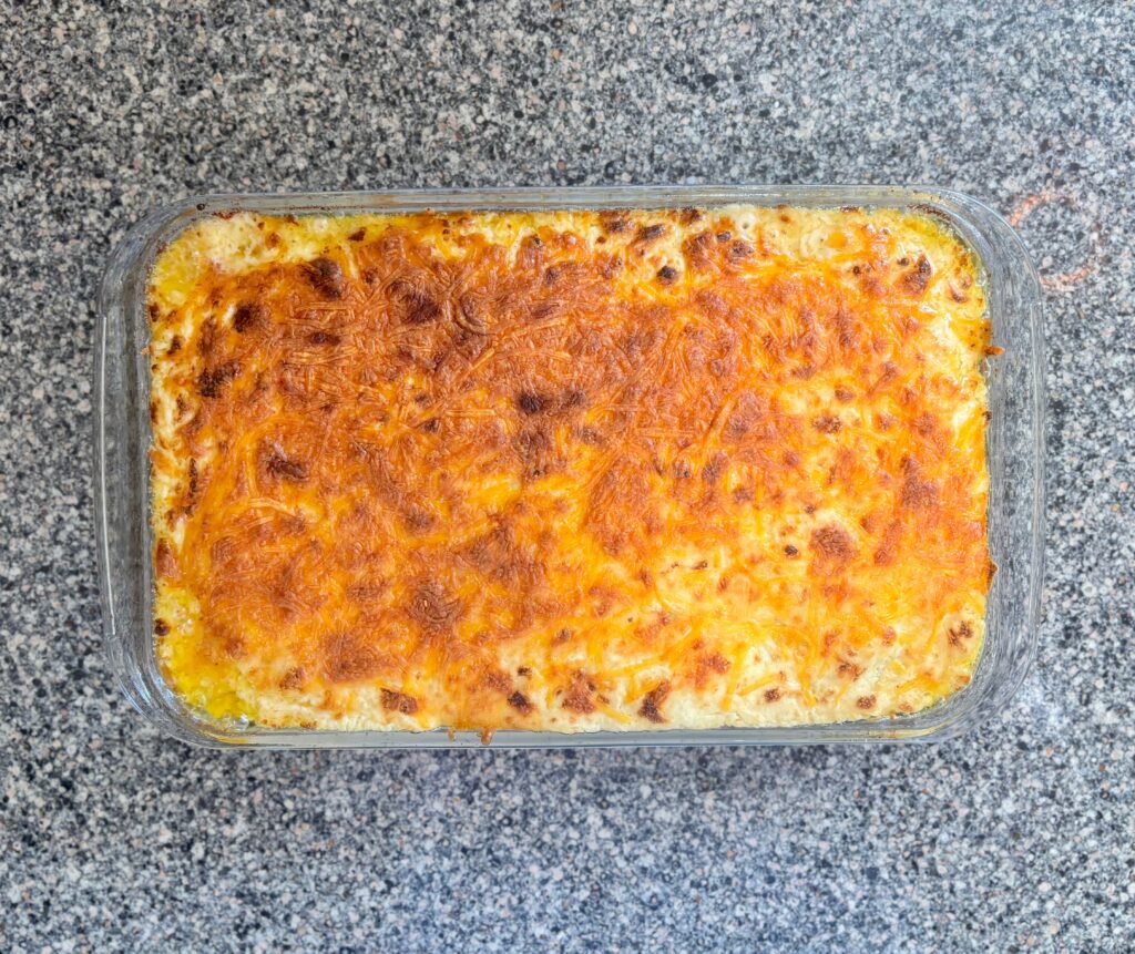 Top down view of finished keto friendly beef and cauliflower shepherds pie.