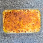 Top down view of finished keto friendly beef and cauliflower shepherds pie.