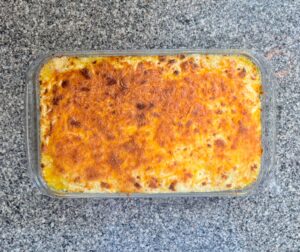 Top down view of finished keto friendly beef and cauliflower shepherds pie.